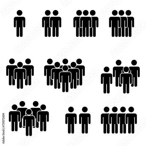 Icon set depicting individuals and groups in increasing sizes. People icons growing number. Social group silhouettes. Team size hierarchy. Vector illustration. EPS 10.
