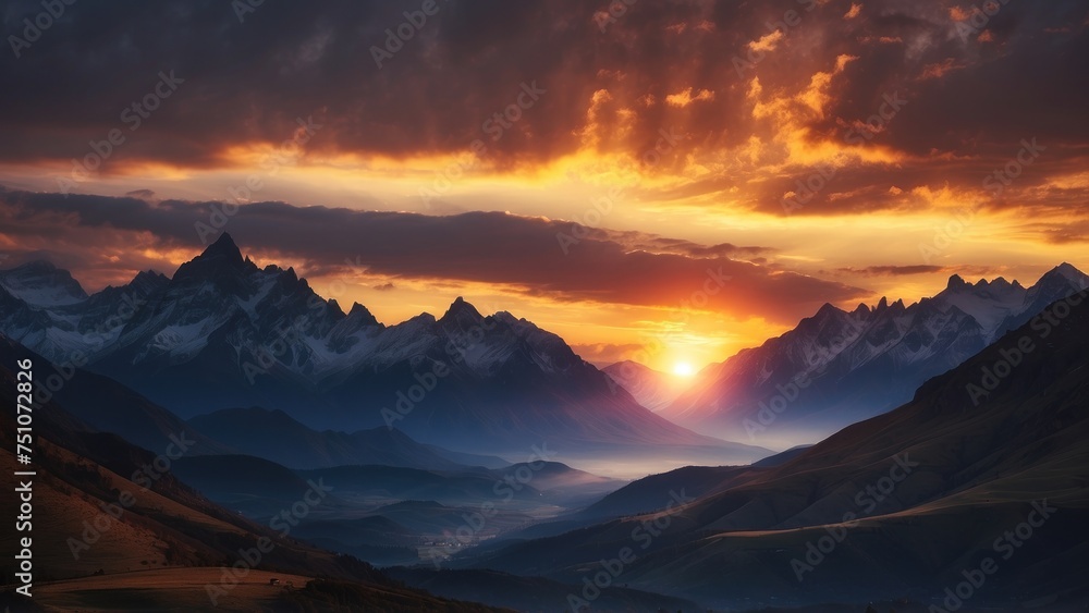 Capture the breathtaking moment as the sun sets behind the distant mountains, colors of the sky and the sense of peace Capture the breathtaking moment as the sun sets behind the distant mountains, colors of the sky and the sense of peace