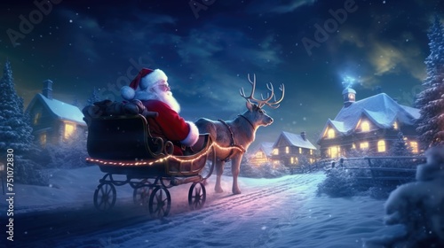 Santa Claus rides in a reindeer sleigh in a winter forest. Christmas holidays. photo