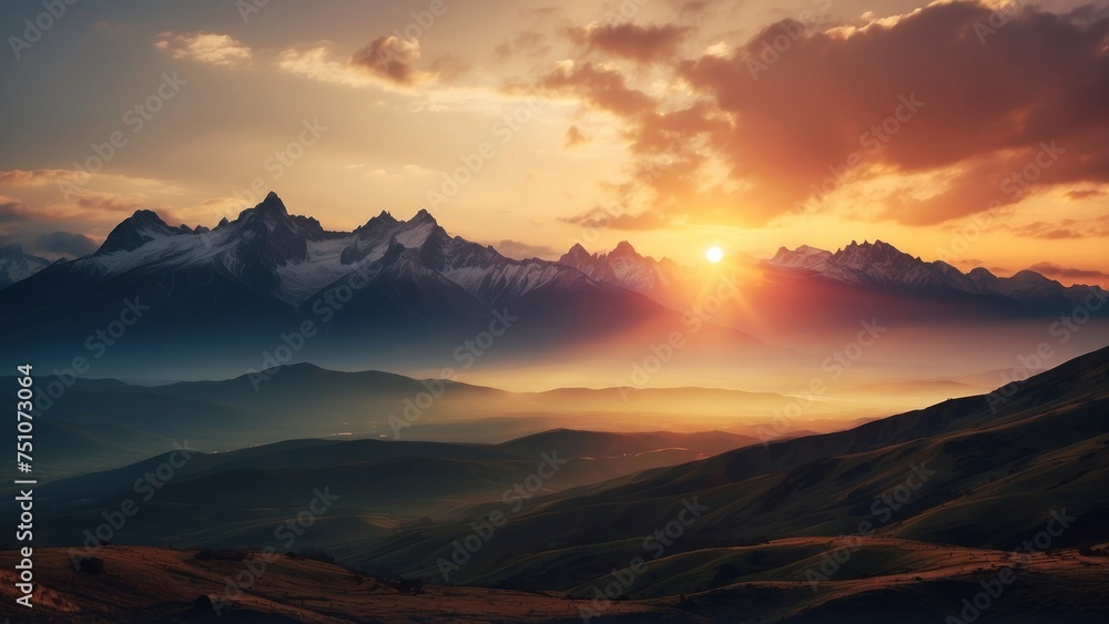 Capture the breathtaking moment as the sun sets behind the distant mountains, colors of the sky and the sense of peace