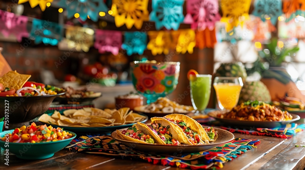 Traditional Mexican Feast, Colorful Setting, Fresh Tacos, Salsa and Chips, Vibrant Table Decor, Cinco De Mayo Festive Atmosphere, AI Generated.
