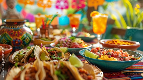 Traditional Mexican Feast, Colorful Setting, Fresh Tacos, Salsa and Chips, Vibrant Table Decor, Cinco De Mayo Festive Atmosphere, AI Generated. photo