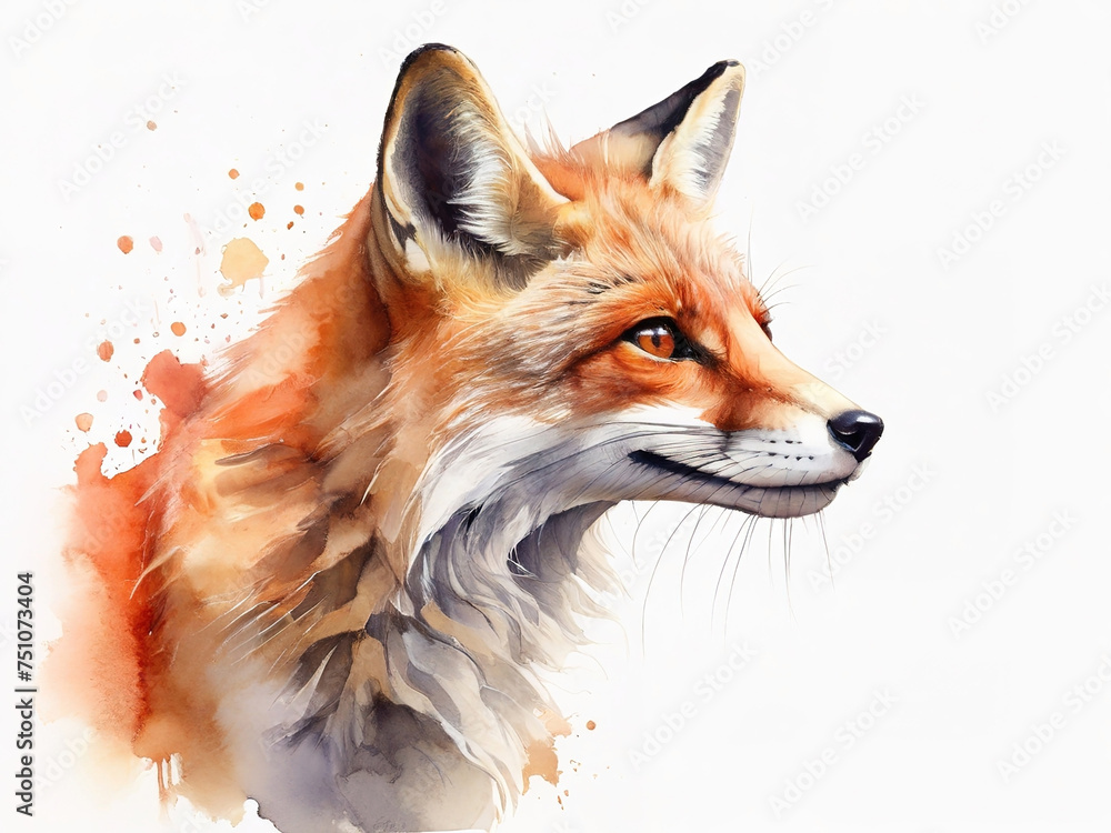 Watercolor portrait of a red fox on white background. Digital painting.