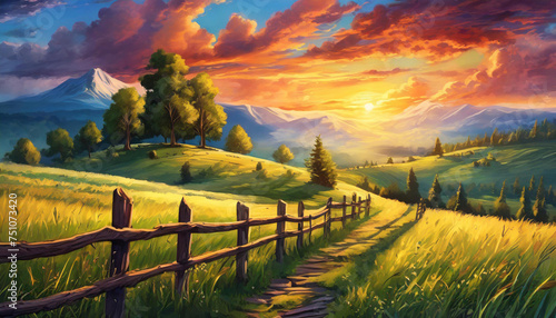 rural landscape at sunset. wooden fence near the grassy meadow and trees on the hillside. beautiful countryside scenery in evening light