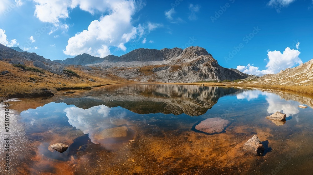 A mirror-like lake reflecting the grandeur of a majestic mountain, set against a vibrant, blue sky.