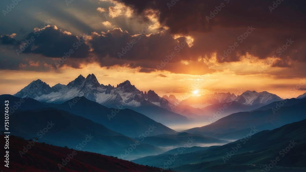 Capture the breathtaking moment as the sun sets behind the distant mountains, colors of the sky and the sense of peace