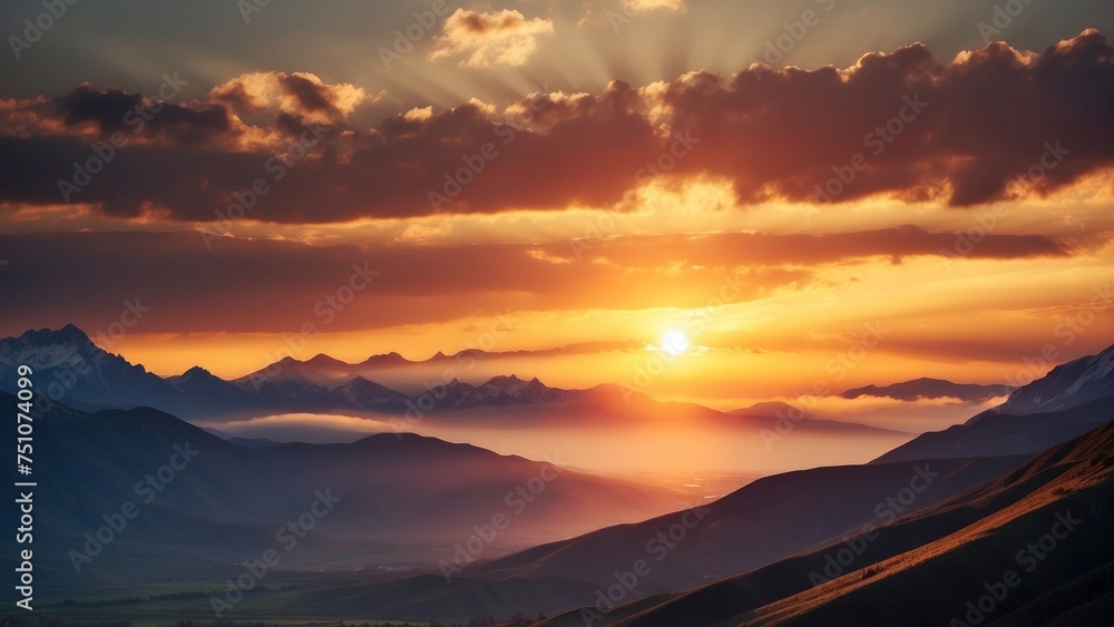 Fototapeta premium Capture the breathtaking moment as the sun sets behind the distant mountains, colors of the sky and the sense of peace