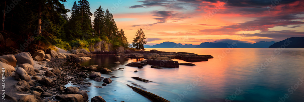 Magnificent Dawn Break at British Columbia: A Harmony of Coastal Scenery - obrazy, fototapety, plakaty 
