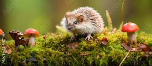 A European hedgehog stands on a mossy surface, surrounded by red Fly Agaric toadstools in an autumn setting. The hedgehog looks ahead in this horizontal image with copy space.