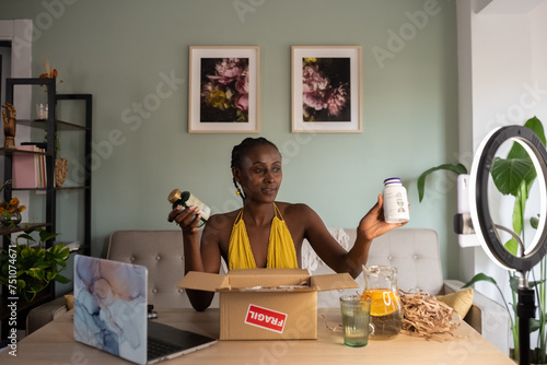 Content female wellness blogger advertising vitamins