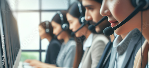 Group of diverse telemarketing team in call center office banner background