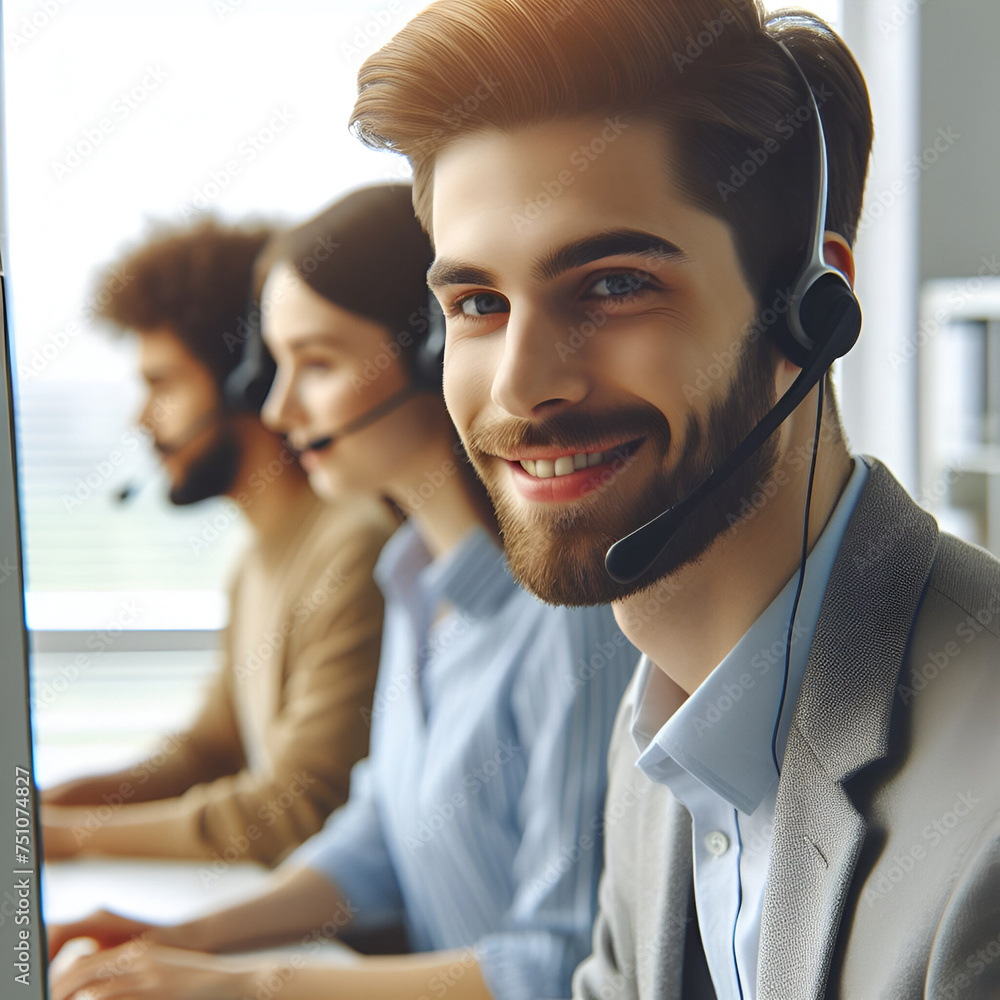 Group of diverse telemarketing team in call center office banner background Group of diverse telemarketing team in call center office banner background