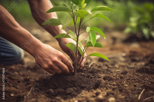 Close up of person planting a new tree in the soil in reforestation effort. Plant new trees for environment and carbon capture. Outdoor volunteering, gardening and growing concept for conservation.