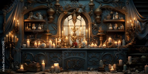 Medieval interior with candles and candlesticks. 3d rendering