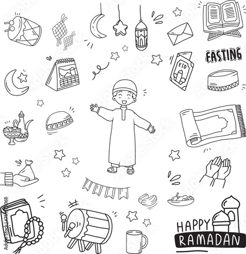 Set of vector doodle element related to Ramadhan and Eid. Used for sticker, poster, card, etc