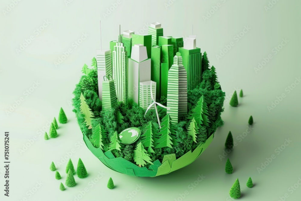 Eco city and green planet concept. Paper art style. Vector illustration. Generative AI..
