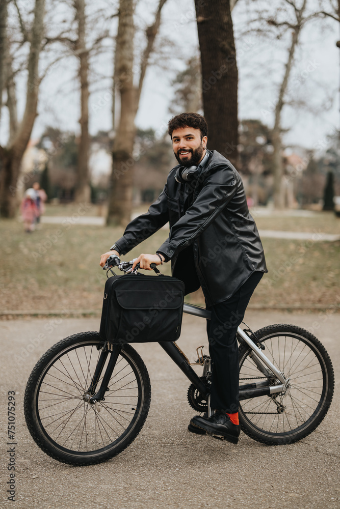 A handsome, bearded businessman with headphones works remotely while out on his bicycle in an urban park, surrounded by nature.