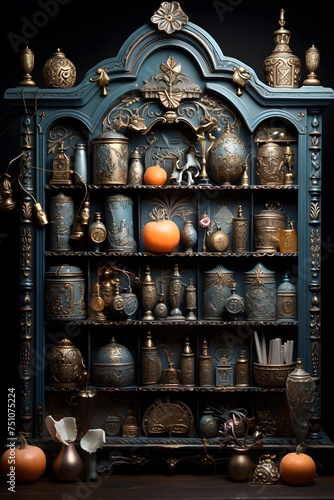 Antique bookshelf with books and candlesticks on black background