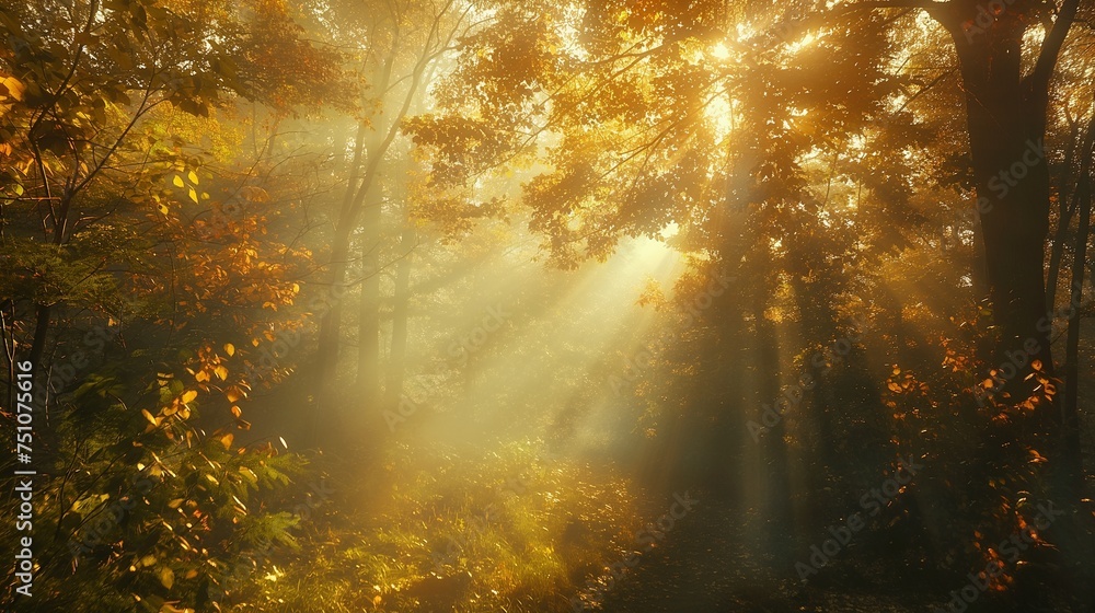 A misty morning in the autumn forest, with sunbeams breaking through the dense foliage, creating a mystical and enchanting scene.