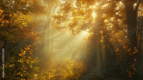 A misty morning in the autumn forest  with sunbeams breaking through the dense foliage  creating a mystical and enchanting scene.