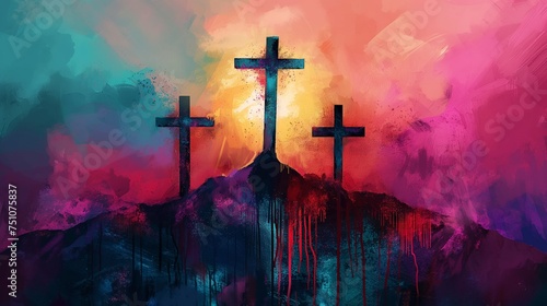 dry brush three crosses in abstract and colorful treatment, on a mountaintop with the center cross being larger that the other two