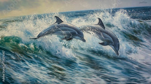 A pair of playful dolphins racing through the waves, their sleek bodies glistening in the sunlight. © Annu's Images