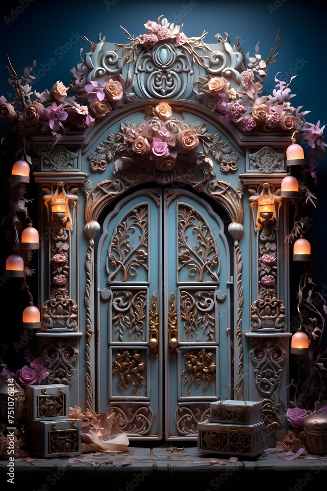 Old wooden door decorated with flowers and candlesticks in a dark room