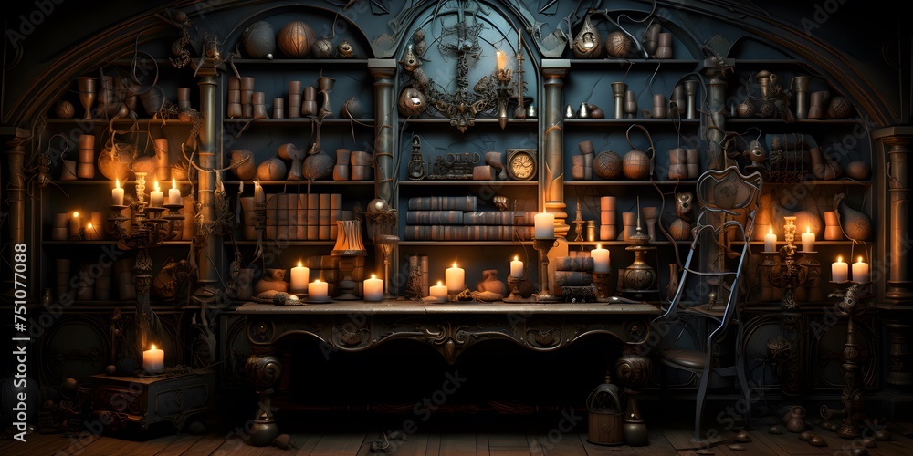 Vintage pharmacy. Dark room with old candlestick and candles