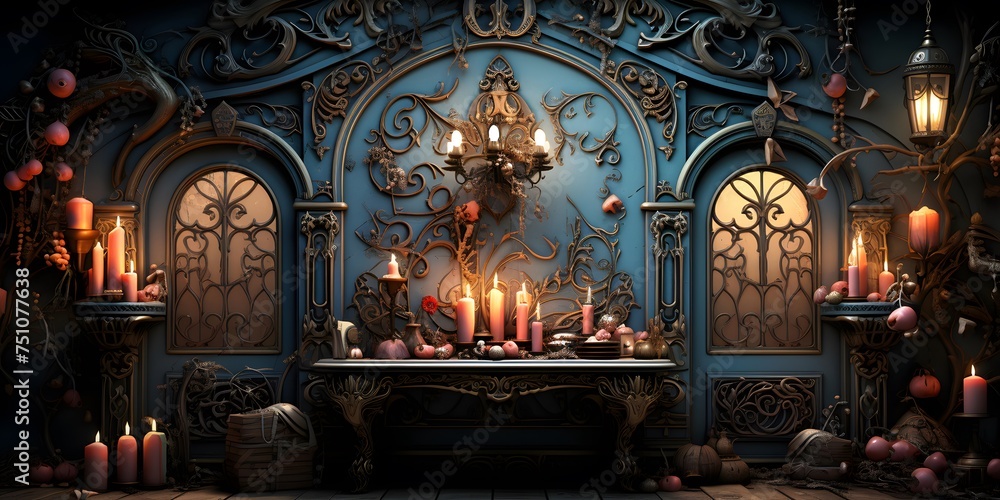 3d illustration of a fantasy castle interior with a fireplace and candles