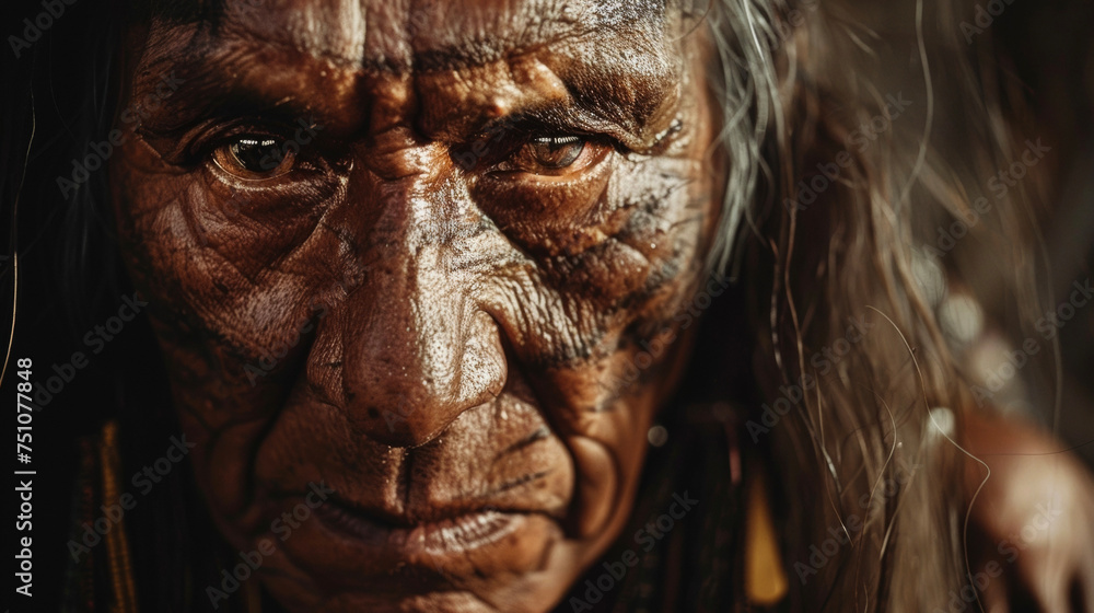 A closeup of a shamans face reveals intense focus and a deep connection to the spiritual world as they lead the ceremony.