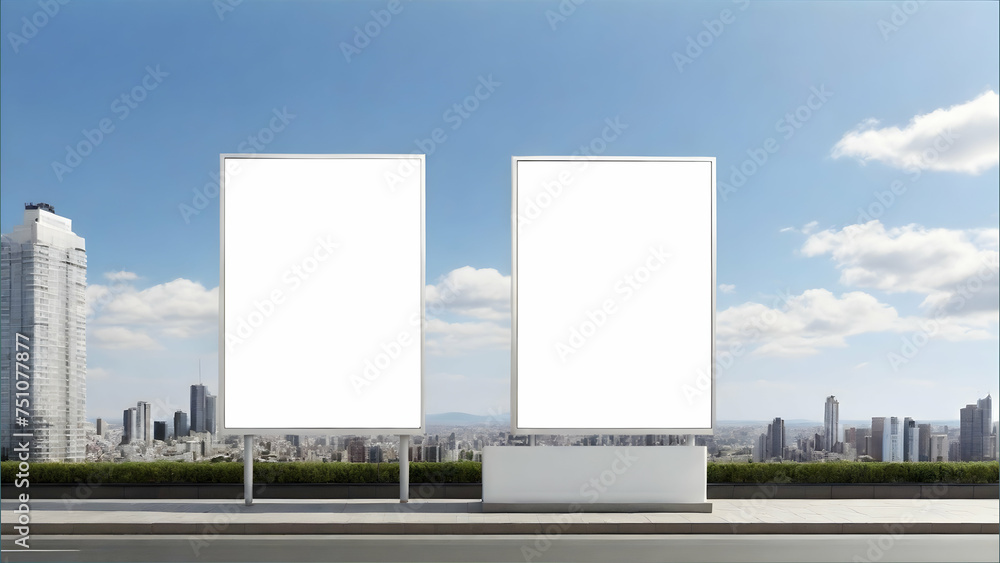 Two billboard standing with a white advertising space mock up in the city on the sky during the daytime. Two billboard standing with a white advertising space mock up in the city on the sky during the daytime.