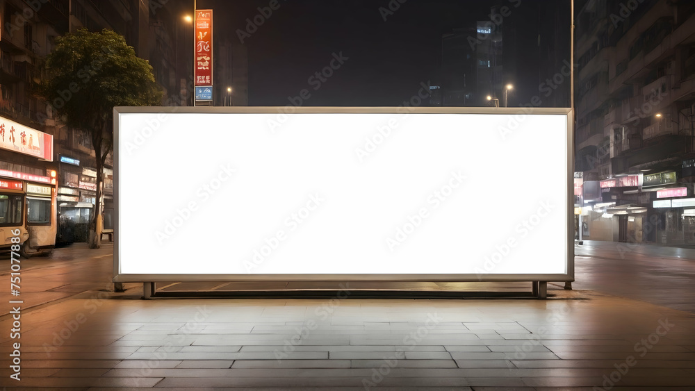 Blank rectangular horizontal white billboard advertising in front view. Blank signboard in city in night. Marketing banner ad space in city. Blank billboard for outdoor advertising placement. - obrazy, fototapety, plakaty 