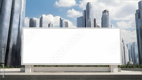 Horizontal blank billboard front of the skyscrapers and buildings at daytime. Big white billboard for mock up atau advertisement placement.