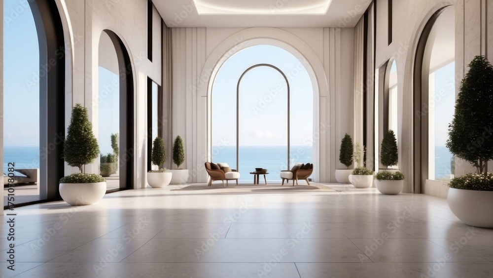 Describe the grand entrance of your modern villa, with sleek Italian design, a dramatic foyer, and an immediate view that takes your breath away - obrazy, fototapety, plakaty 