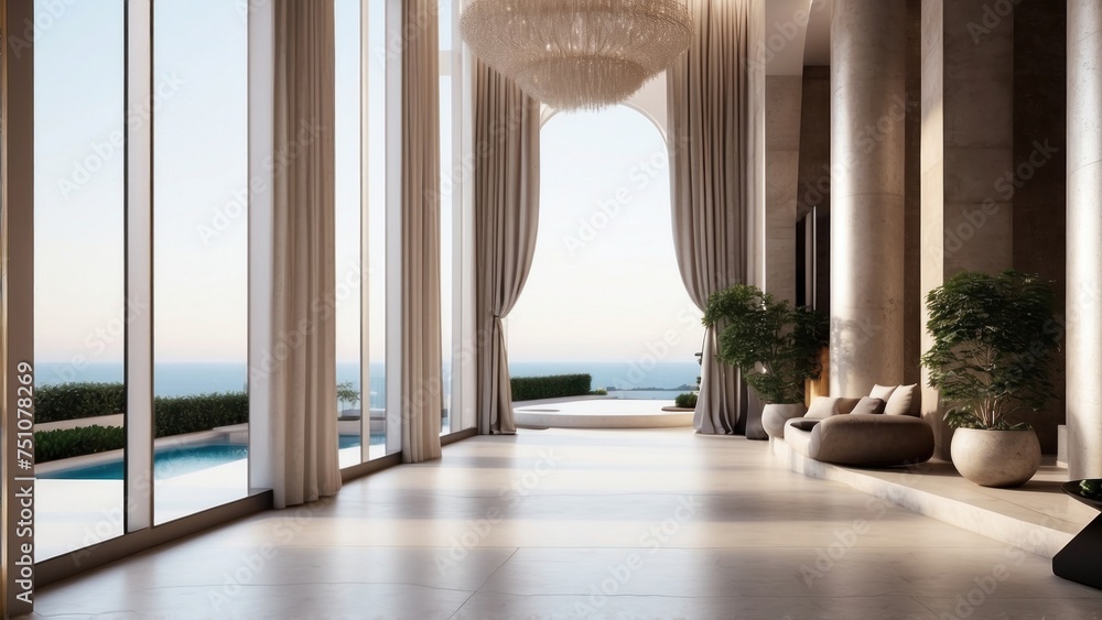 Describe the grand entrance of your modern villa, with sleek Italian design, a dramatic foyer, and an immediate view that takes your breath away