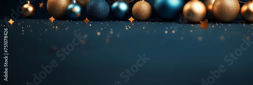 a christmas ornaments background with blue and gold star  glass balls decorations on a dark blue background  banner  empty space for text.banner