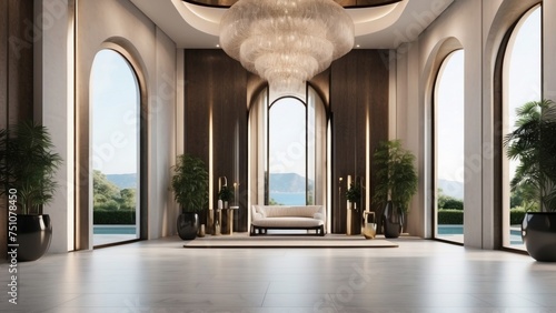 Describe the grand entrance of your modern villa  with sleek Italian design  a dramatic foyer  and an immediate view that takes your breath away