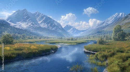 A peaceful river meandering through mountain valleys  under the vast canvas of a clear  blue sky.