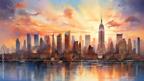 Captured in vibrant watercolor, the iconic skyline of a bustling city at sunset radiates with the warm glow reflecting off the buildings.