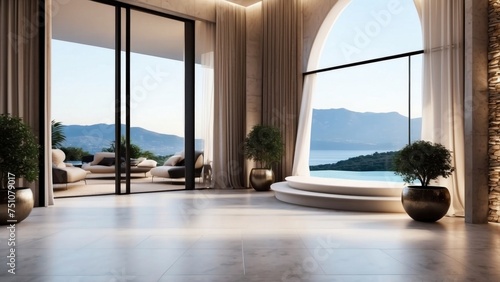 Describe the grand entrance of your modern villa  with sleek Italian design  a dramatic foyer  and an immediate view that takes your breath away