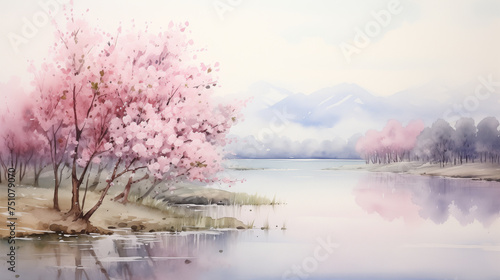 As the first light of dawn touches the horizon  a serene mountain lake landscape is enveloped in a pastel glow  its tranquil waters reflecting delicate pink hues and shrouded in a gentle mist.