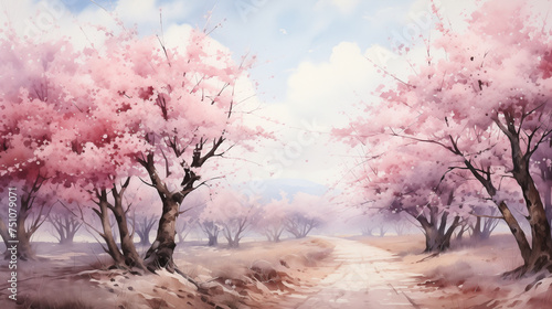 A mesmerizing scene unfolds as ethereal cherry blossoms adorn a misty forest, evoking a sense of magic and tranquility that imbues the illustration with an enchanting allure, Watercolor painting.