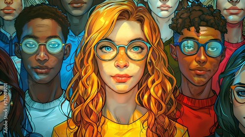 Diverse Students in Spectacles: A Portrait of Academic Unity. Generative AI.
