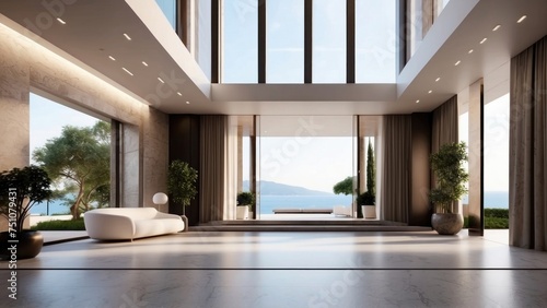 Describe the grand entrance of your modern villa, with sleek Italian design, a dramatic foyer, and an immediate view that takes your breath away © Damian Sobczyk