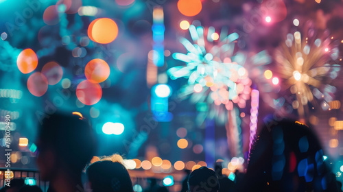 A shot of a city skyline lit up with vibrant colored lights and fireworks bursting in the background as people gather together to welcome a new beginning.