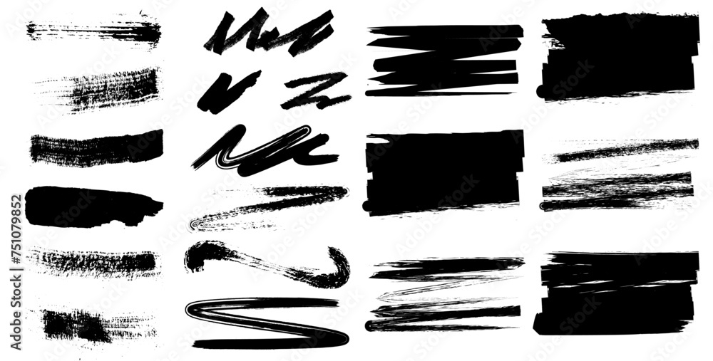 Set of dry stains brush stroke design element. Dirty grunge paintbrush collection. Vector illustration