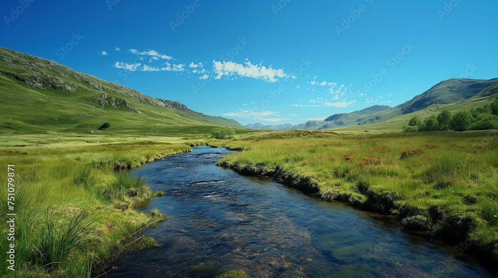 A peaceful stream winding through a mountainous landscape, with a cloudless blue sky as a backdrop.