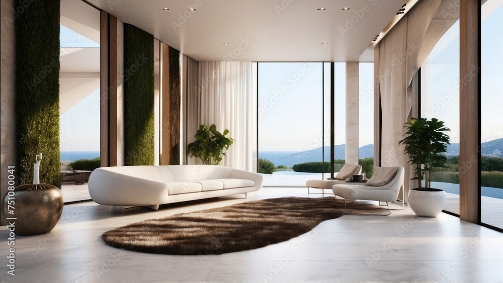 Fototapeta premium Describe the grand entrance of your modern villa, with sleek Italian design, a dramatic foyer, and an immediate view that takes your breath away