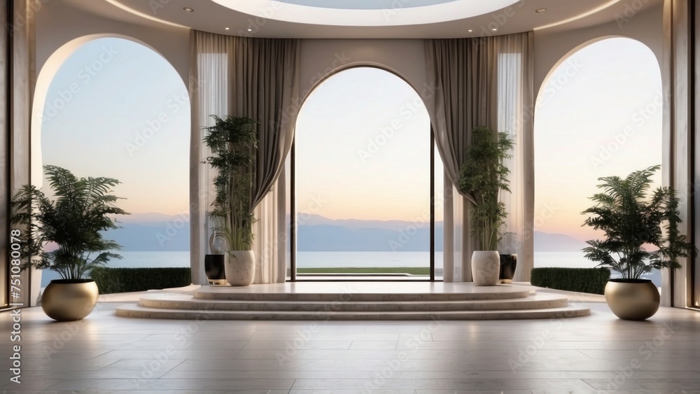 Describe the grand entrance of your modern villa, with sleek Italian design, a dramatic foyer, and an immediate view that takes your breath away