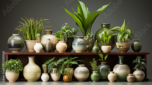 A decorative arrangement of assorted plants in pots over a dark background